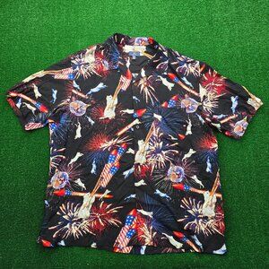 George Hawaiian Shirt Mens‎ XL Black 4th Of July Firecrackers Party Button Up